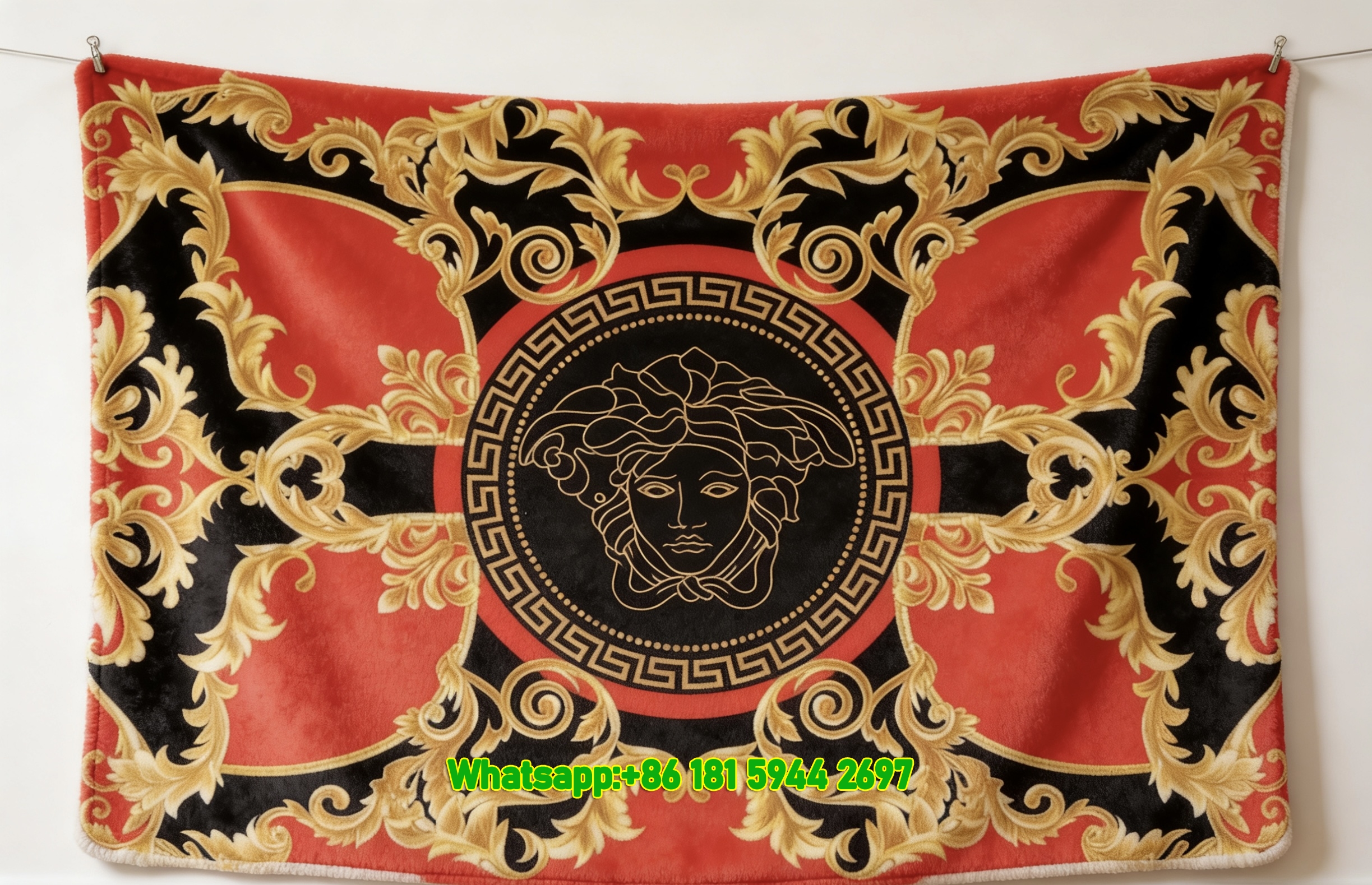 Versace Red Black Gold Medusa Greek Key Baroque Print Flannel Sofa Throw Blanket IMG_1325